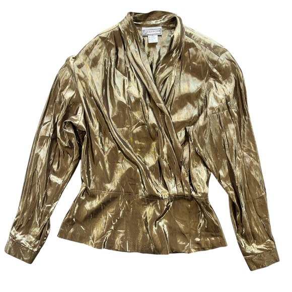 Evan Picone Women’s 12 Gold Metallic Pleated Wrap Long Sle Vintage Peplum Blouse - Picture 1 of 16